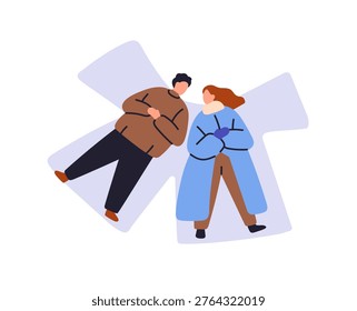 Couple makes snow angels. Happy girl and boy are lying on snowdrift together overhead. Young man and woman have fun on romantic date in winter. Flat isolated vector illustration on white background