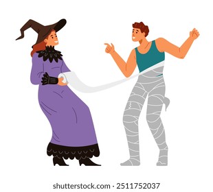 Couple making costumes for Halloween celebration flat vector illustration isolated on white. Laughing woman in witch costume wrapping man with toilet paper to make mummy costume for Halloween.