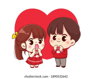 Couple making a heart with hands Happy valentine cartoon character illustration Premium Vector