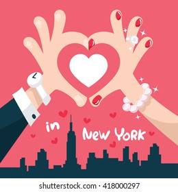 Couple making a heart shape with their hands in new york city illustration vector.