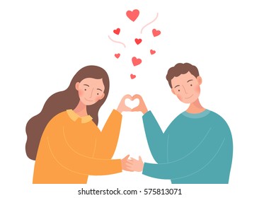 The couple are making a heart shape with their hands.