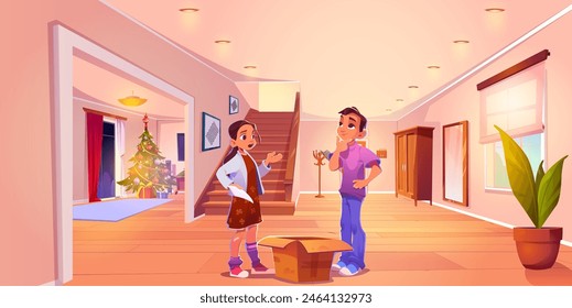 Couple making list of Christmas gifts at home. Vector cartoon illustration of pensive young man and woman standing near cardboard box in house hallway, decorated Xmas tree and presents in living room