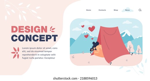 Couple making love in tent in mountains flat vector illustration. Young naked couple lying and hugging. Tenderness, romance, intimate life concept for banner, website design or landing web page