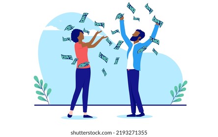 Couple making money - Ethnic African American man and woman having financial success, cheering and being happy. Flat design vector illustration with white background