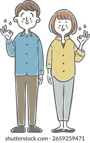 Couple making OK sign, full body, vector