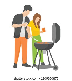 
A couple is making outdoor food at picnic, couple cooking 
