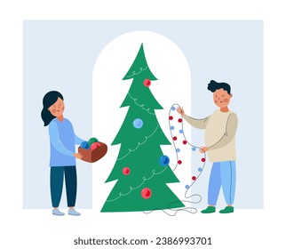 Couple making preparations prepare for Christmas. Decoration of Xmas fir with traditional ornament decor for winter holiday. Flat vector illustration