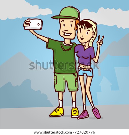 Couple is making a salfi. Hand drawn cartoon vector illustration.