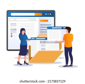 A couple is making save data in isometric illustration