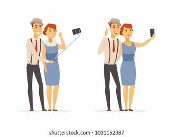 A couple making selfie - cartoon people character isolated illustration on white background. An image of happy smiling stylish man and woman taking pictures with a stick