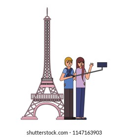 couple making selfie eiffel tower