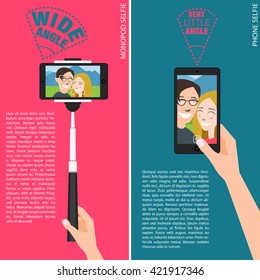 Couple making selfie selfie stick and using hands/ mobile phone / showing different angles and abilities of devices /