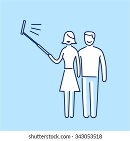 couple making selfie together with stick vector photography and camera linear icon and infographic | illustration of gear and equipment for professional photographers and amateurs on blue background