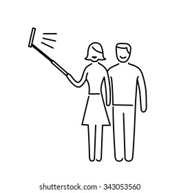 couple making selfie together with stick vector photography and camera linear icon and infographic | illustration of gear and equipment for photographers black isolated on white background