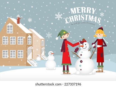 A couple making a snowman in blue B