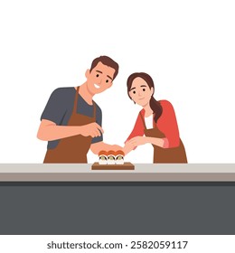 Couple Making Sushi Together. Happy couple wearing aprons enjoys preparing sushi together. Flat vector illustration isolated on white background