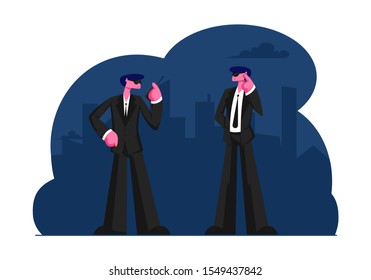 Couple of Male Bodyguards Characters Wearing Black Suit Waiting Celebrity or Famous Vip Person Arriving Talking by Walkie-Talkie. Professional Client Assistance. Cartoon Flat Vector Illustration