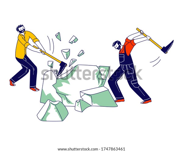 Couple of Male Characters Breaking Huge Ice
Block Using Pickaxes for Distribution to Restaurants and Stores,
for Cooking Cocktails in Bar or Nightclub, Ice Mining. Linear
People Vector
Illustration