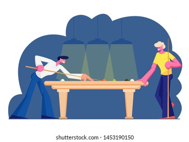 Couple of Male Characters Playing Snooker, Aiming Cue to Ball on Green Cloth Table. Billiard Game, Competition in Club, Weekend Leisure, Hobby, Friends Spare Time, Cartoon Flat Vector Illustration