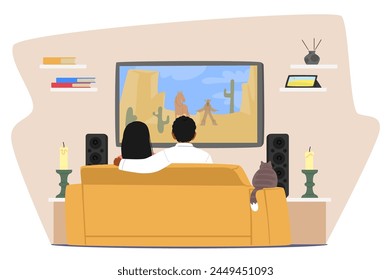 Couple Male and Female Characters Relax On The Couch, Hug, Engrossed In Tv, Nestled Together, Sharing Moments Of Laughter And Connection In The Cozy Ambiance. Cartoon People Vector Illustration
