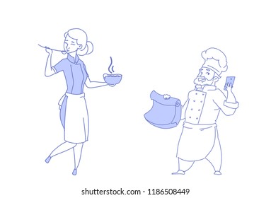 couple male female chef cooks tasting soup teamwork woman man restaurant uniform food cooking together concept sketch doodle vector illustration