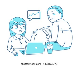 Couple male and female colleagues talk to plan new project, smiling mentor teach new employee at desk, two coworkers join break time together