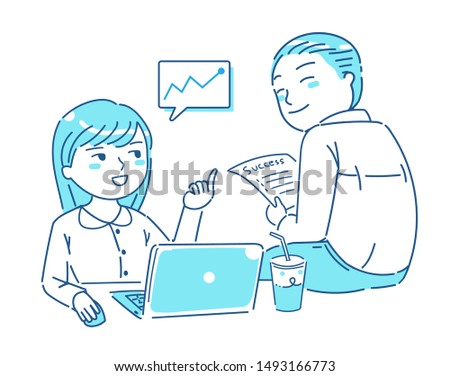 Couple male and female colleagues talk to plan new project, smiling mentor teach new employee at desk, two coworkers join break time together