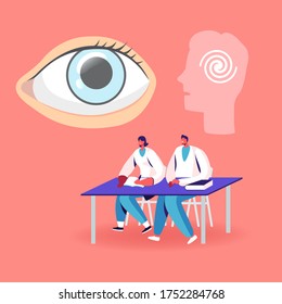 Couple of Male and Female Medic Students Characters Sitting at Desk Learning Hypnosis. Huge Human Eye and Head with Spiral. Psychology Medicine, Consciousness. Cartoon People Vector Illustration