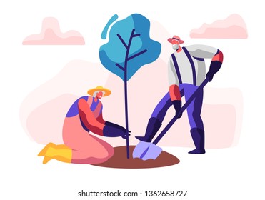 Couple of Male and Female Pensioners Planting Tree. Aged Man Digging Soil with Shovel, Woman Hold Plant. Old People Gardening Hobby, Senior Gardeners Working Outdoors. Cartoon Flat Vector Illustration