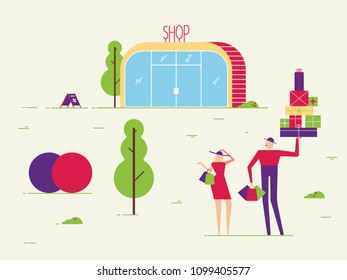 Couple of male and female people shopping. Man and woman with boxes and packs vector illustration flat style. Shop, trees, grass and environment. Buyers, customers or happy clients minimal, abstract.