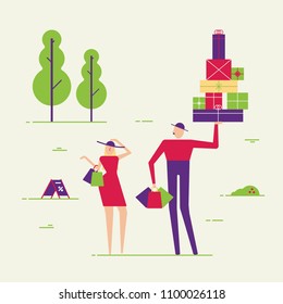 Couple of male and female people shopping. Man and woman with boxes and packs vector illustration flat style. Shop, trees, grass and environment. Buyers, customers or happy clients minimal, abstract