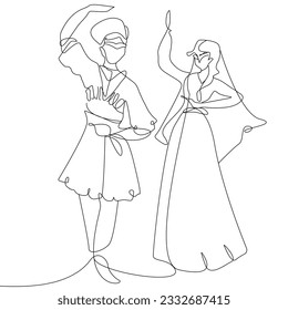 A couple male and female performing Azerbaijani National dance lineart, sketch, woman and man dancing in national clothes
