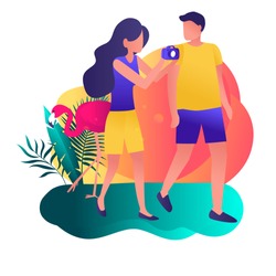 Couple Male Female Traveling, Talking And Walking With DSLR Camera On Tropical Beach With Flamingo. Trendy Honeymoon Gradient Flat Illustration For Web Landing Page, Banner, Presentation, Social Media
