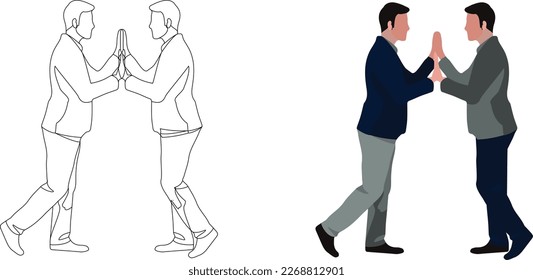 Couple of male people in front push each other-