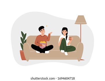 Couple man amd woman sit on the couch, watching movie TV and eating popcorn together. Stay home coronavirus quarantine. Flat vector modern cartoon illustration design concept.