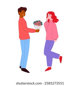 Couple man or boyfriend gives bouquet of flower to woman or his girlfriend, cartoon vector illustration