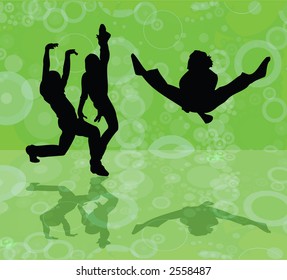 A couple and a man dance on a green background
