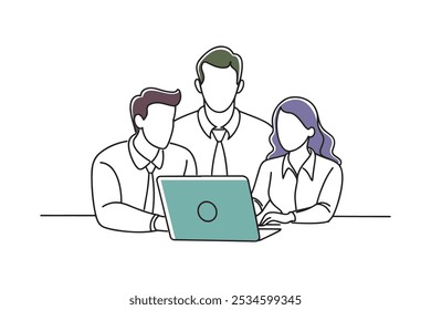 Couple and a man at a desk, focused on a laptop, symbolizing teamwork and connection isolated continuous line art flat vector illustration on white background