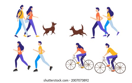 Couple man and girl doing various outdoor activities. Vector illustration in a flat style.