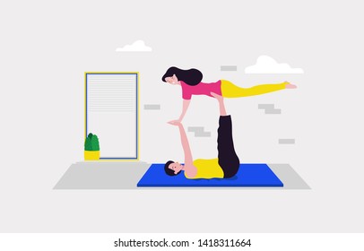 A couple man and girl are relax doing yoga exercise at their lovely home to keep healthy