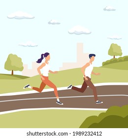 A couple of man and girl running in the park, out door run concept, good health lifestyle, cardio exercise, active movement, healthy couple