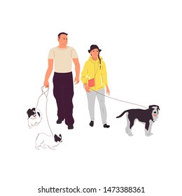 Couple of man and girl are walking with a terrier dog on a leash. Isolated on white background. Flat style cartoon stock vector illustration.
