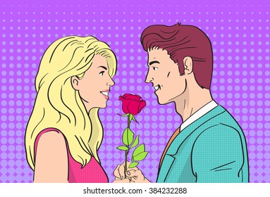 Couple Man Give Woman Red Rose Flower Pop Art Colorful Retro Style Vector Illustration