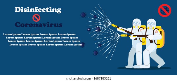 couple man in hazmat suit cleaning and disinfecting coronavirus cells epidemic  virus concept  2019-nCoV  
pandemic health risk full length horizontal flat vector style,illustration vector