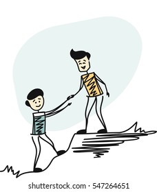 Couple Man Hiking Help Each Other, Helping Team Work. Cartoon Sketch Concept Isolated Vector Illustration.