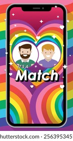 Couple man and man matching on a dating app with a rainbow flag colored waves background decorated with stars and hearts on a smartphone screen