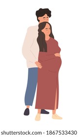 Couple of man and pregnant woman. Husband hugging his wife. Cartoon colorful characters. Concept of motherhood, maternity, parenthood. Flat cartoon vector illustration