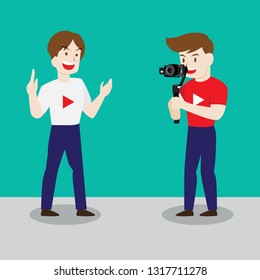 Couple man take video blogger. Vector illustration in cartoon style