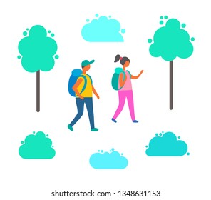 Couple man and woman with backpacks walking among green trees and bushes. Cartoon people in hiking tour, vector tourists with rucksacks, girl and boy together