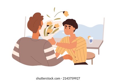 Pareja de hombre, mujer en mala cita. Mujer enojada lanzando un ramo de flores a la cara de la pareja. Quarrel, conflicto, ruptura de relación. Falló la fecha. Ilustración vectorial plana aislada en fondo blanco